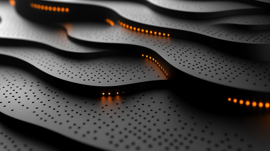 Abstract Cyber Luminosity: Flowing Waves of Neon Orange Light on Dark Textured Waves