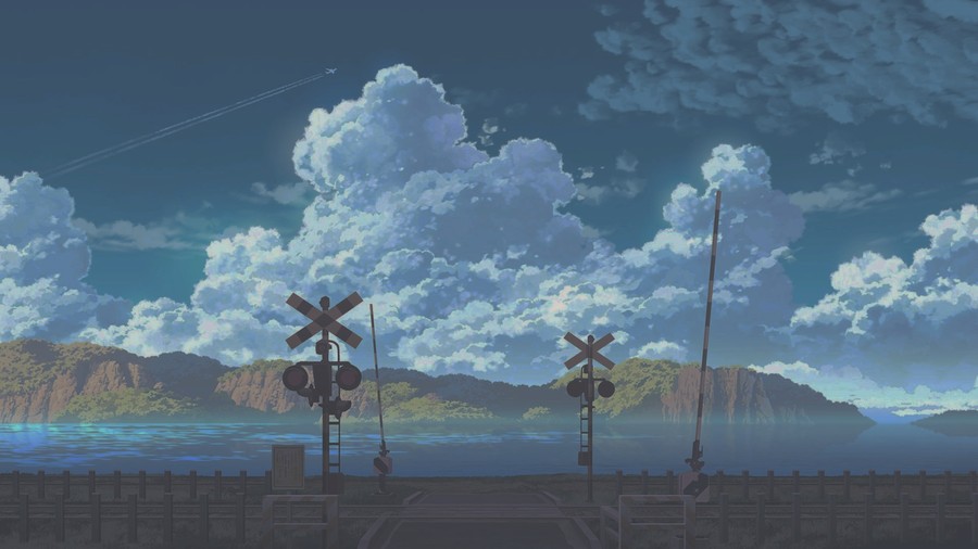 Serene Coastal Harmony: Anime Artistry of Sunlit Rails and Turquoise Waves