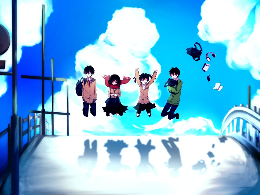 Four Anime Friends Jumping Joyfully on a Serene Bridge
