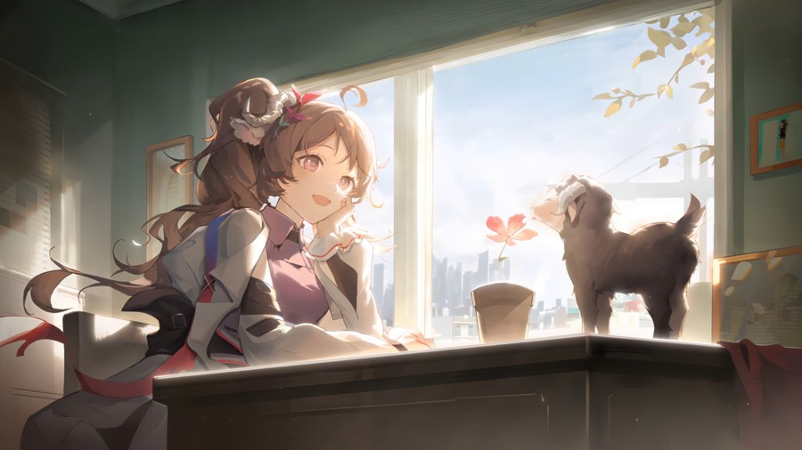 Serene Urban Evening: Anime Girl with Goat and Cosmetics