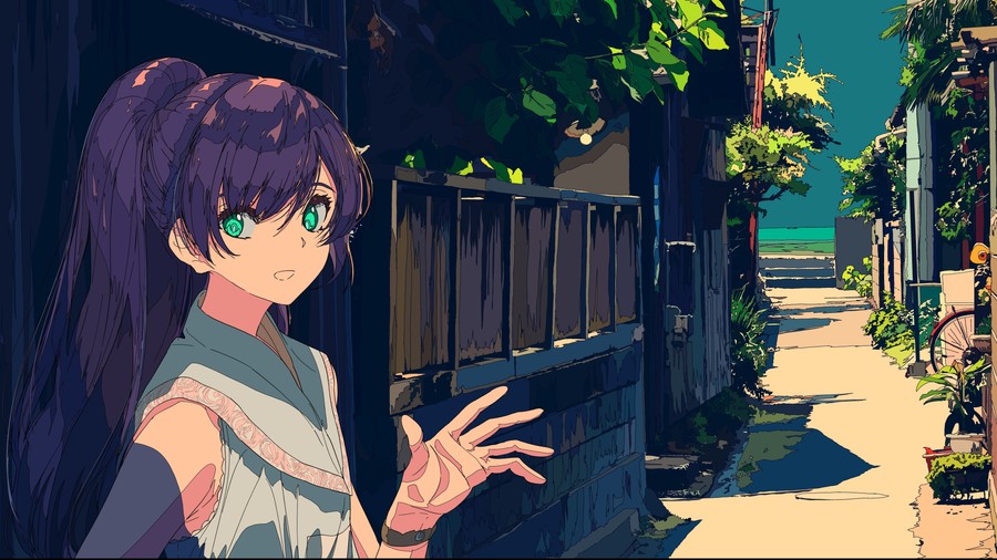Starry Evenings: Anime Girl in Coastal Alley