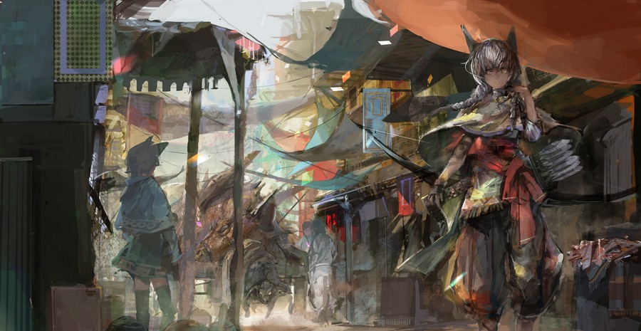 Vibrant Bazaar Reverie: Anime Art in a Traditional Marketplace