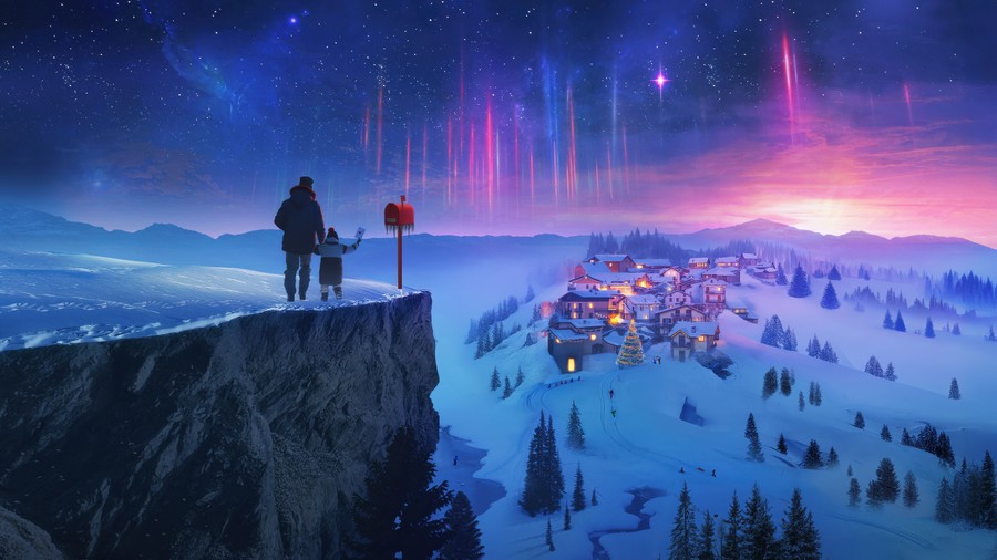 Aurora's Embrace: Snowy Village Whispers on the Horizon Dream