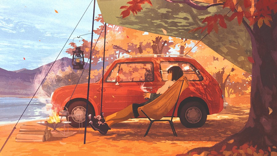 Cozy Autumn Adventures: Red Car Camping Scene