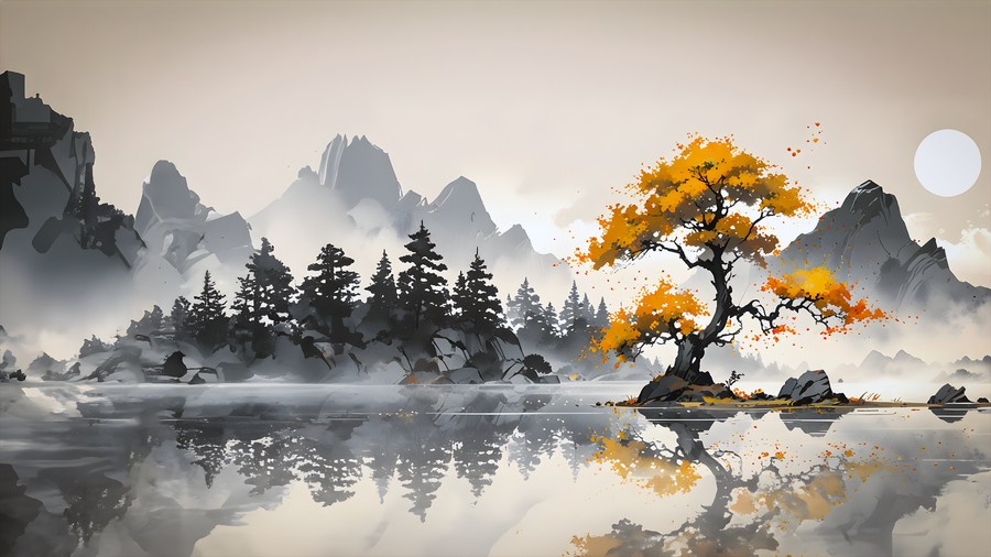 Autumn Reflections: Serene Lake with Golden Tree