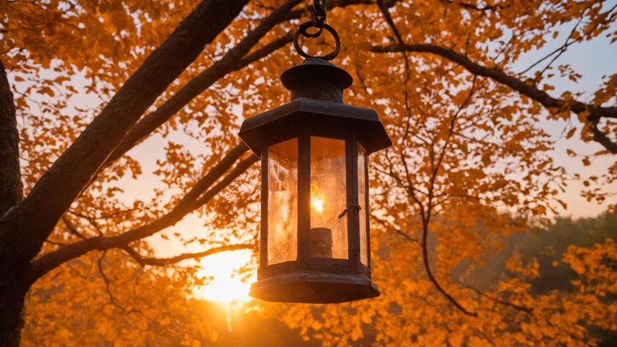 Autumn Glow: Lantern Hanging on a Tree at Sunset