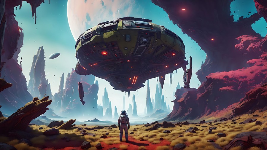 Celestial Eclipse: Futuristic Space Station Over Alien Wasteland