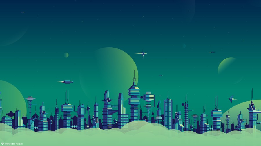 Celestial Futurescape: A Gradient Oasis of Teal Towers and Cosmic Skies