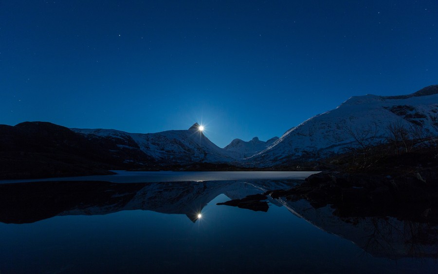 Celestial Mirror: Night’s Reflection Over Snow-Capped Mountains