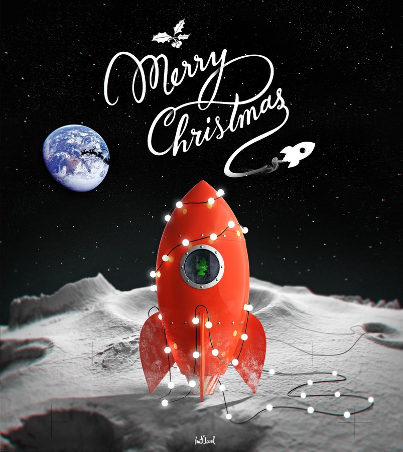 Red Rocket on the Moon: A Festive Space Journey