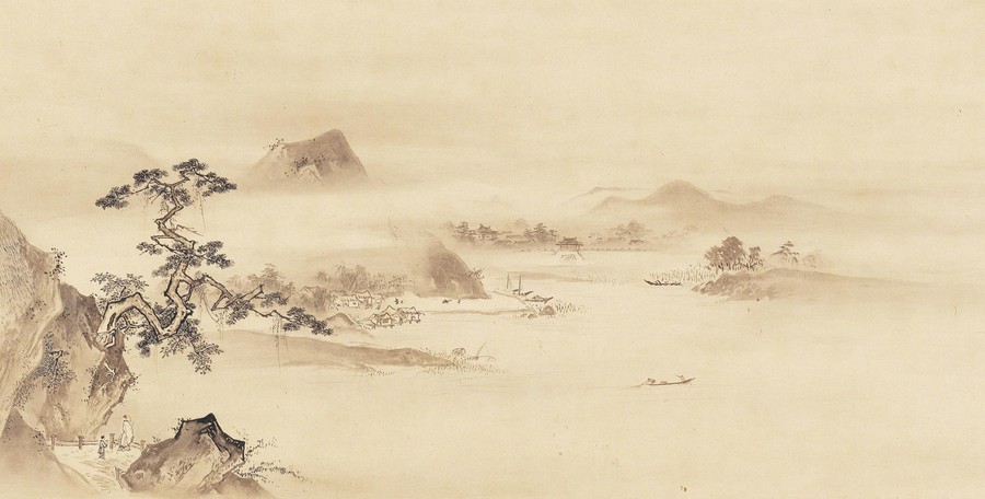 Misty Enchantment: Classical Asian Landscape with Tranquil River and Ancient Settlement