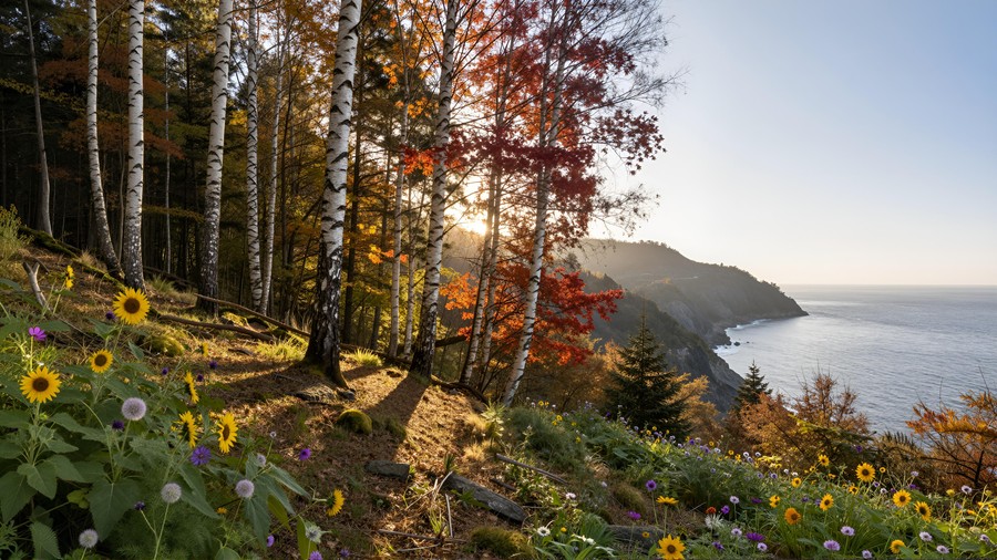Coastal Autumn Serenity: Sunlit Birch Forest with Ocean Views