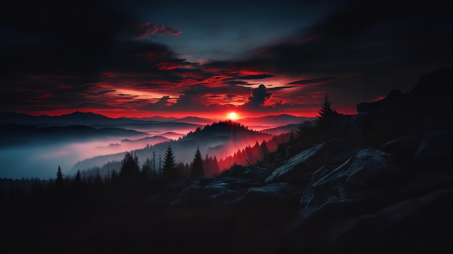 Crimson Dawn Over the Mountains: Nature's Vivid Palette