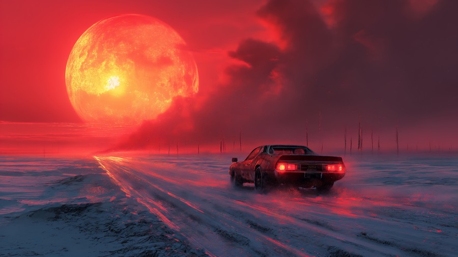 Crimson Eclipse Solitude: A Retro Car's Journey Through a Sci-Fi Solstice