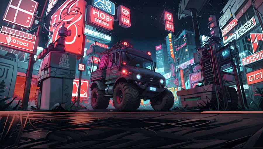 Neon Cyberpunk Metropolis: Military Truck in Futuristic Urban Jungle