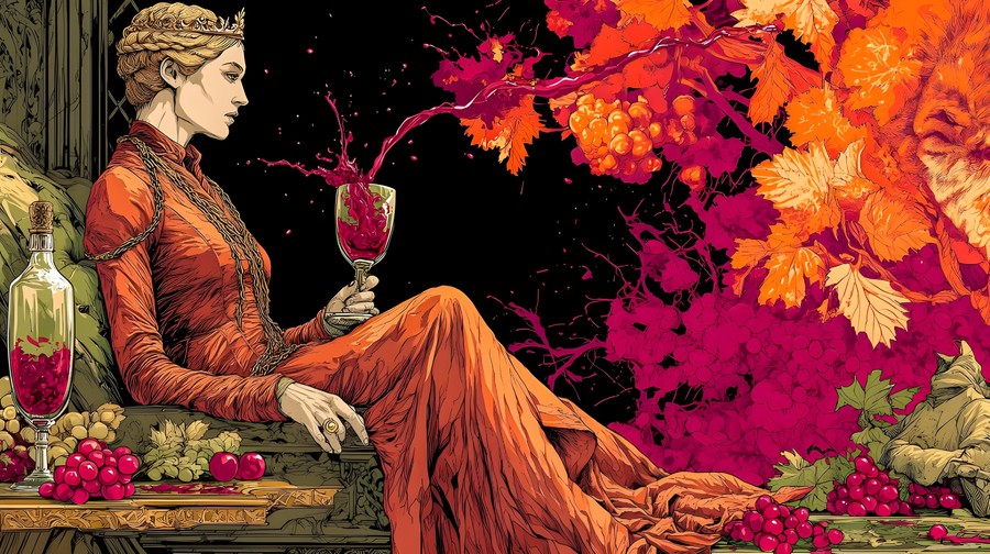 Enchanted Grapes: Woman in Red surrounded by Magic Fruit