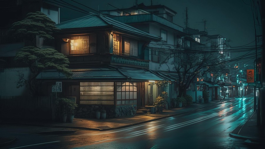 Ephemeral Glow: Neon-Infused Japanese Urban Night Scene with Reflective Rooftops and Rain-Kissed Streetscape