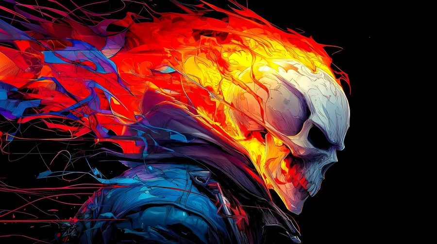 Flame-Infused Skull Warrior - Dynamic Sci-Fi Art Wallpaper