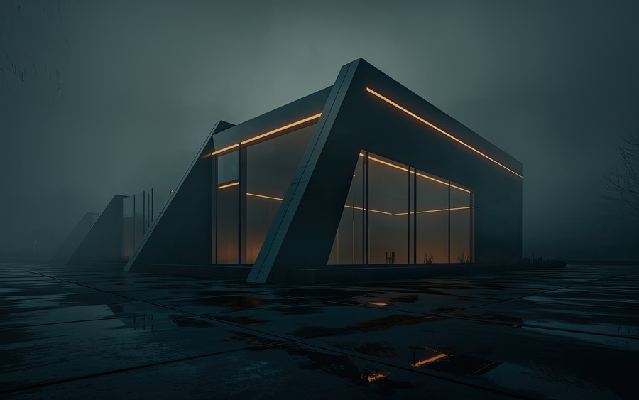 Futuristic Minimalist Architecture: Illuminated Foggy Retreat