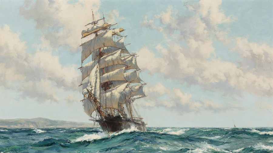 Majestic Sailing Ship Amidst Turbulent Seas - A Romantic Maritime Masterpiece