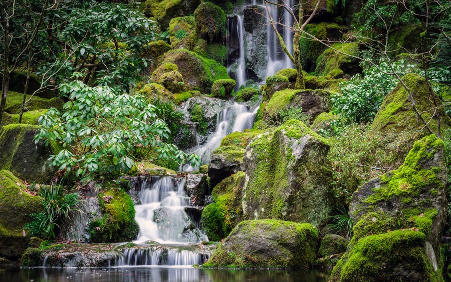 Serene Moss-Covered Cascading Waterfall in a Lush Tropical Oasis
