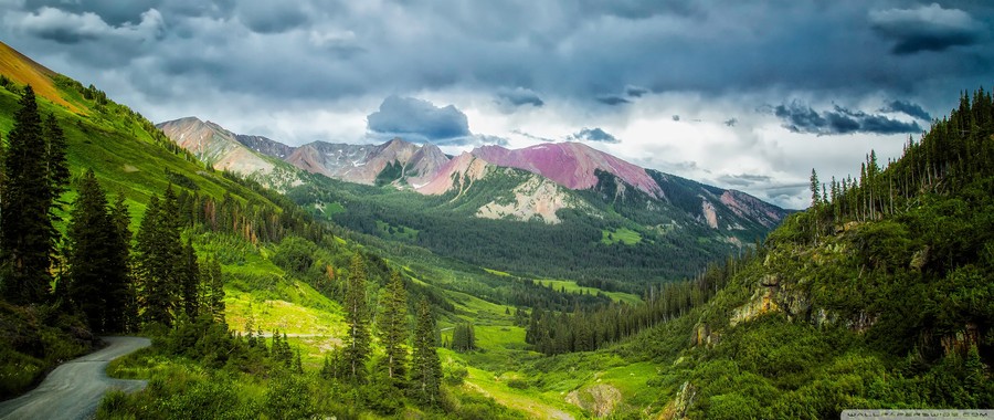 Majestic Mountain Landscape with Grassy Valley and Curved Road