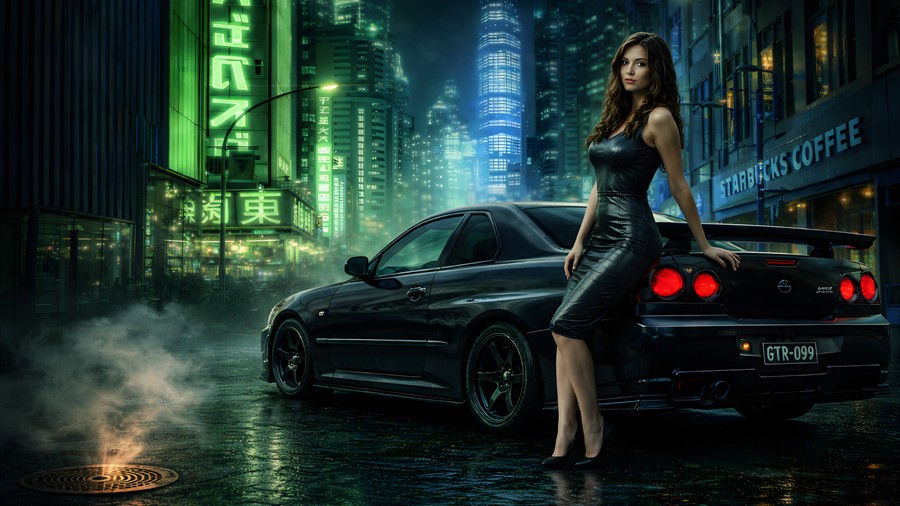 Neon Dreams: Cyberpunk Cityscape with Leather-Clad Elegance