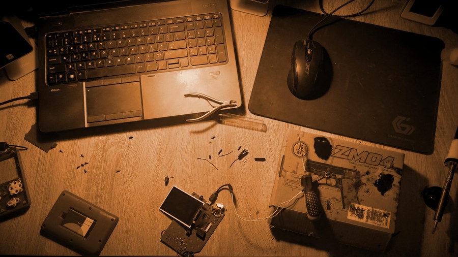 Nostalgic Tech Workspace: A Sepia-Toned Journey Through Digital Nostalgia and Analog Craftsmanship