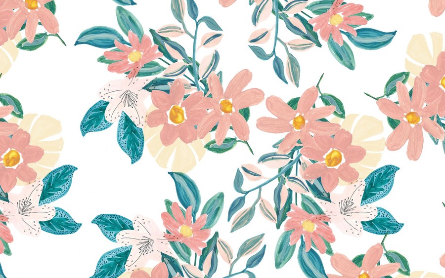 Pastel Blossoms: Ethereal Floral Wallpaper with Delicate Petals and Teal Accents