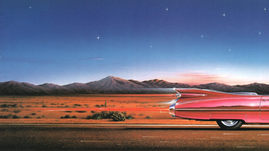 Retro Neon Dreams: A Starry Desert Sunset with a Pink Chrome Car