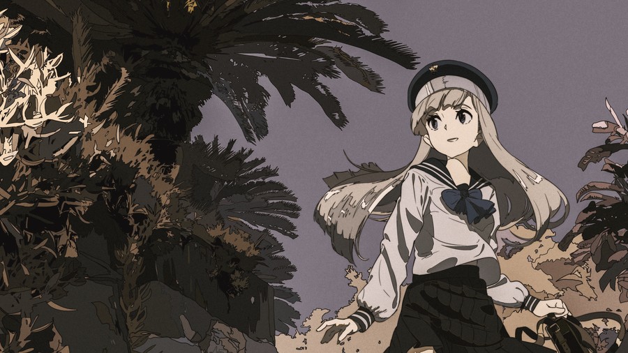 Sepia-Tone Schoolgirl Journey: Anime Schoolgirl Walking Amidst Tropical Vegetation