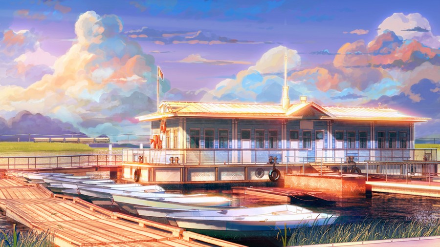 Serene Autumn Dockside Scene with Gentle Boats and Pastel Skies in Anime Style
