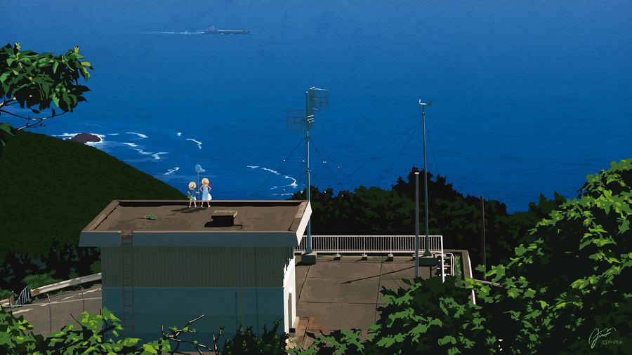 Shoreline Serenity: Anime Characters on Rooftop Overlook