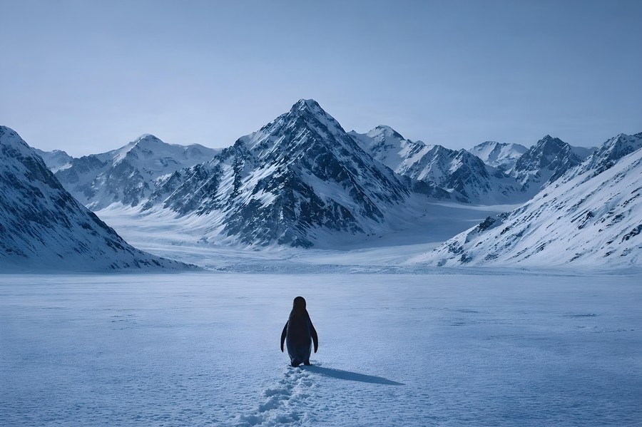 Solitude & Majesty: A Penguin's Journey Amidst Snow-Capped Peaks