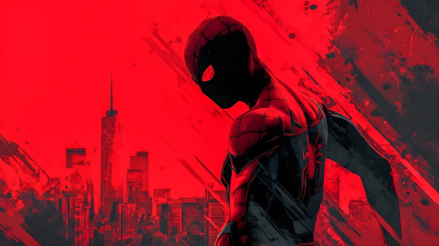 Vibrant Urban Vigilante: A Bold Red and Black Spider-Man Against the City's Pulse