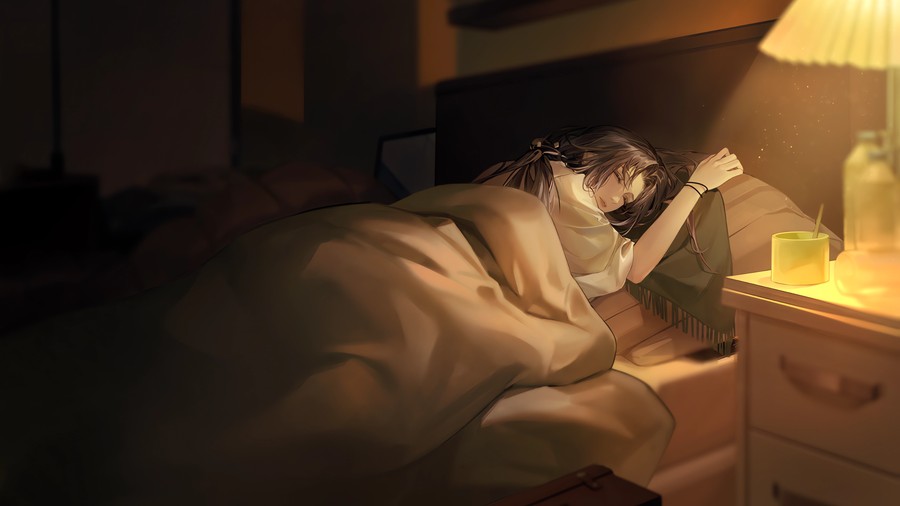 Starry Night Serenity: Anime Girl Napping in Cozy Bedroom
