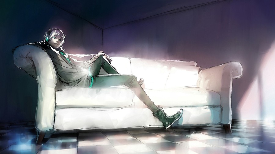 Starry Night Whispers: Futuristic Anime Boy on White Sofa