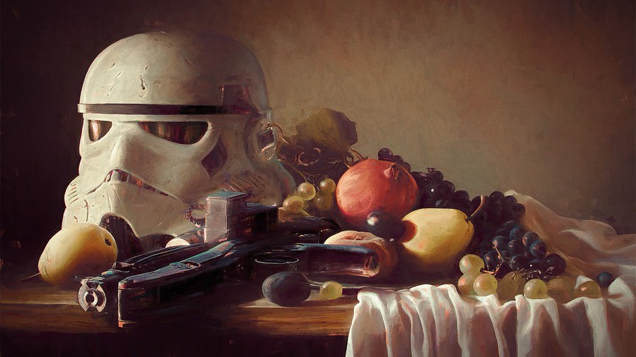 Galactic Still Life: Stormtrooper Amidst Autumn Harvest