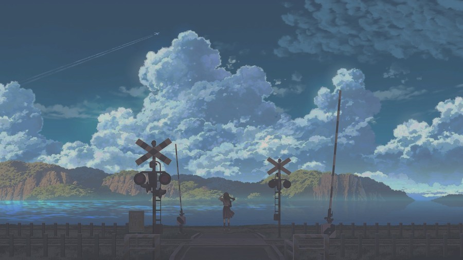 Sunset Horizons: A Peaceful Summer's Day in Anime – Tranquil Train Tracks Through Blue Clouds and Mountain Peaks