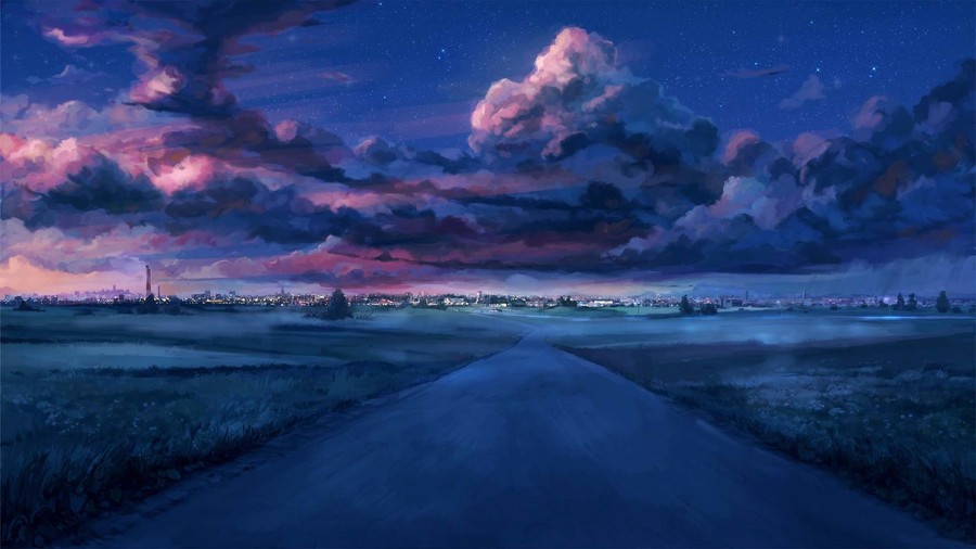Twilight Dreamscape: A Serene Country Road Under a Starry Sky