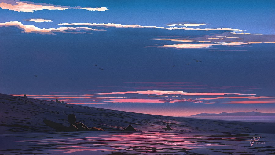 Twilight Horizon: A Stylized Beach Dreamscape