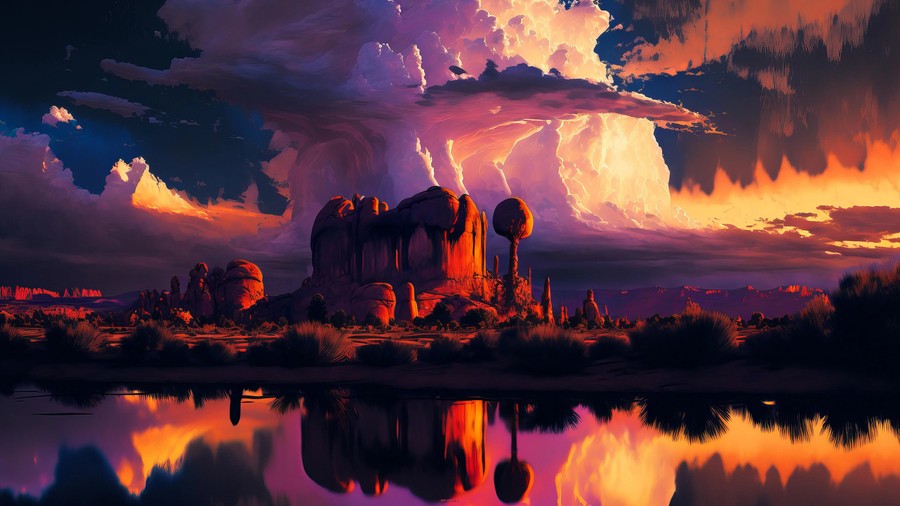 Twilight Reflections: A Modernist Landscape in Ethereal Harmony