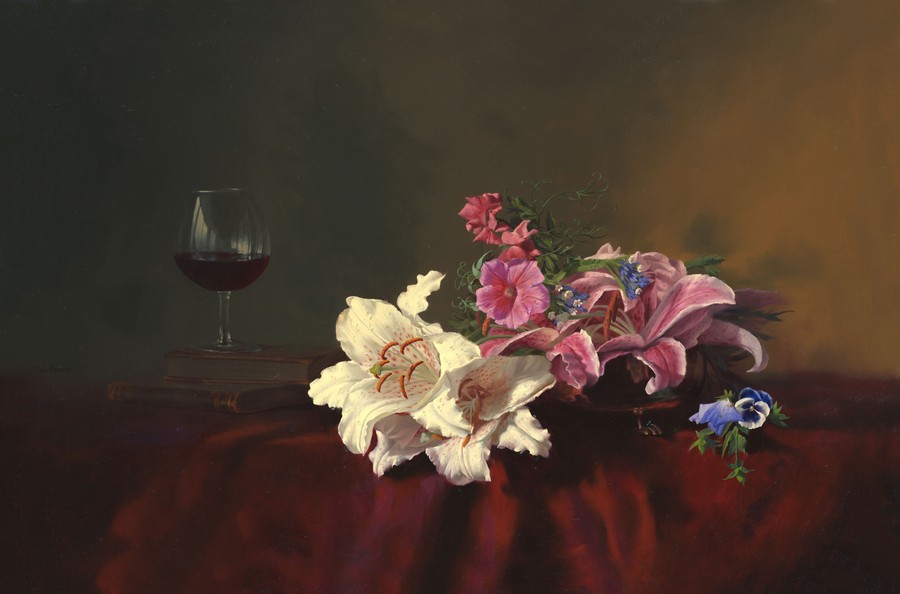 Velvet Still Life: Elegant Florals & Wine Glass in Rich Red and Crimson Tones
