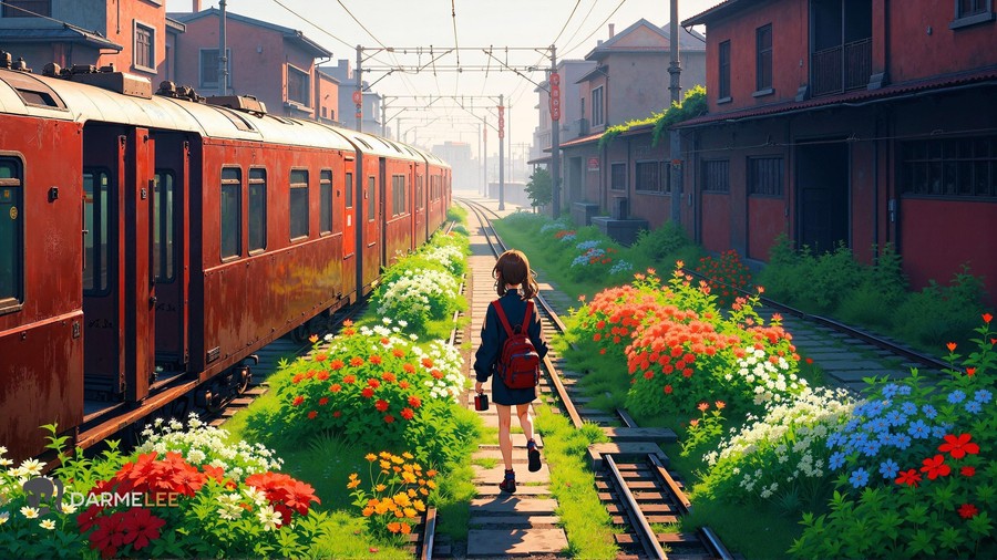 Vibrant Anime Train Tracks in Blooming Floral Gardens – A Morning Stroll Amid Industrial Whimsy