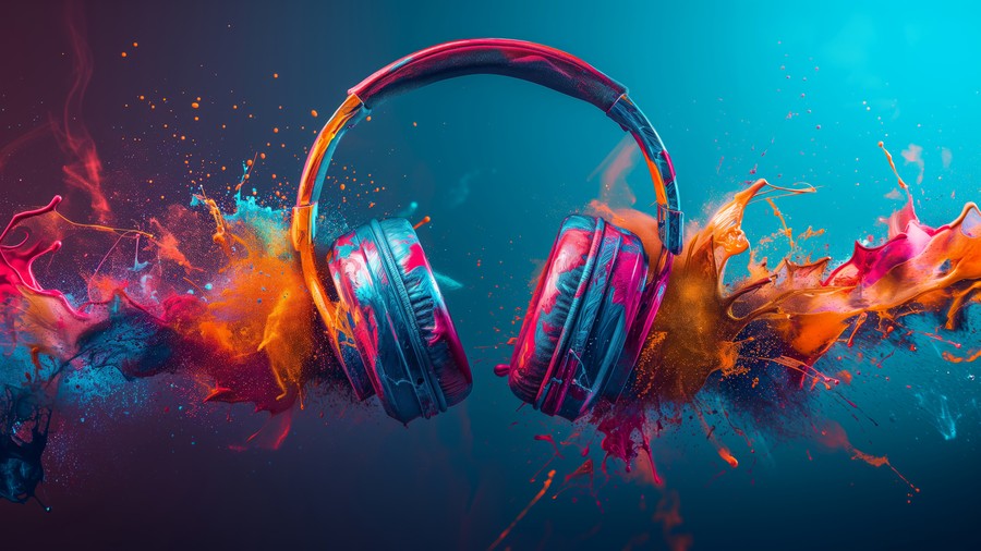 Vibrant Soundwaves: Explosive Headphones in a Digital Fusion