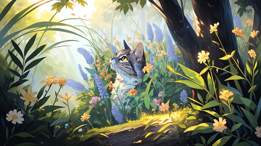 Whimsical Enchantment: A Cat in a Forest of Blooming Wonders