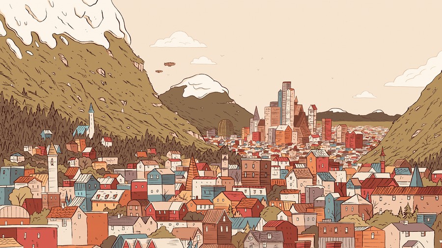 Whimsical Village: A Colorscape Between Mountains and Spires