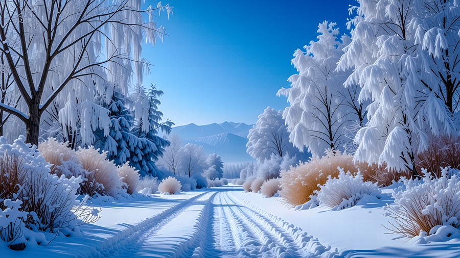 Winter Forest Road: Charming Snowscape with Mountain View