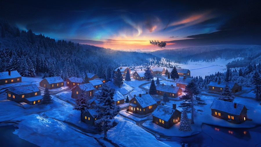 Winter Village Glow: Twilight Magic Under Northern Lights