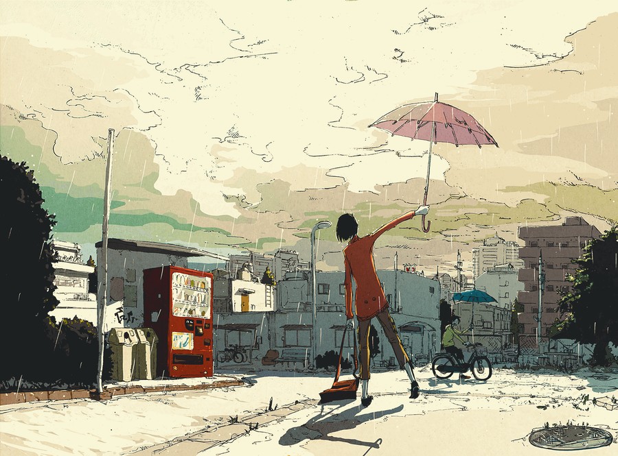 Urban Rainy Day Aesthetic: Woman in Red Sweater Sweeping with Pink Umbrella